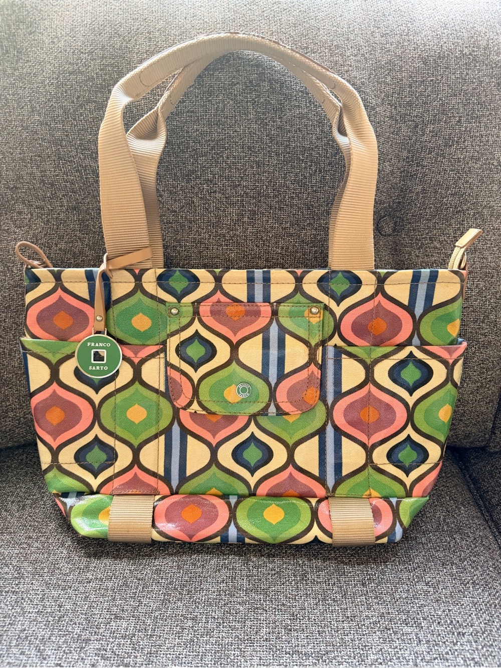 Franco Sarto Colorful Geometric Coated Canvas Tote with Tan Straps